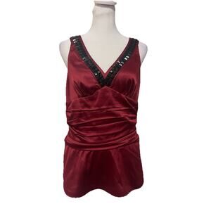 VTG Limited 90’s Y2K Burgundy Beaded Satin Sleeveless Ruched Top M